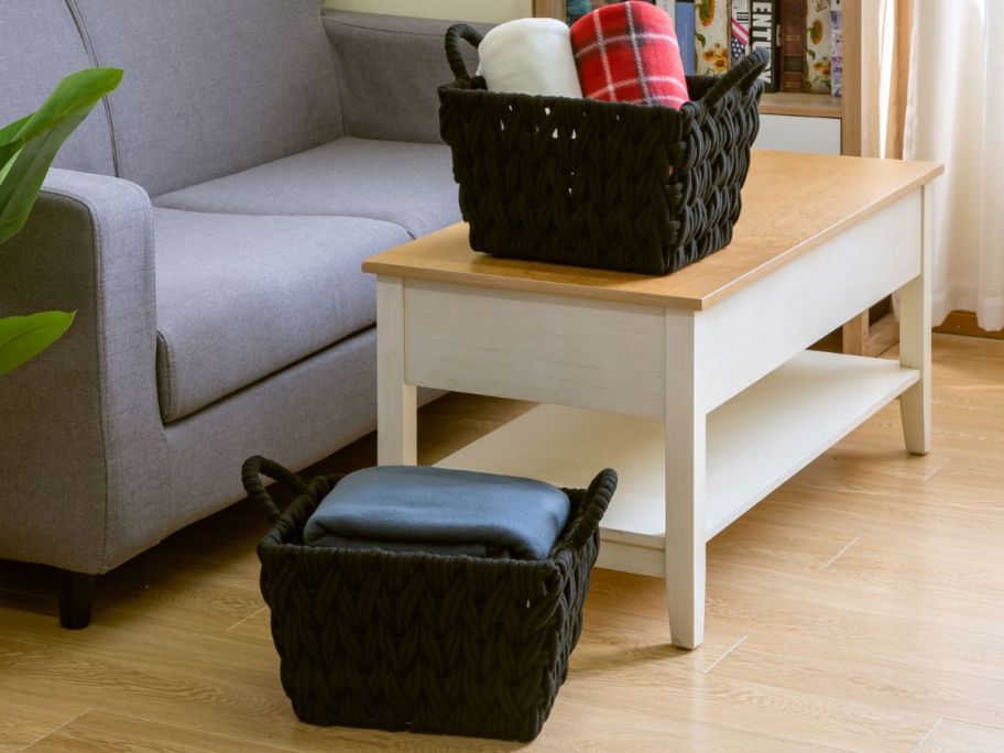 Two better homes and gardens black woven baskets