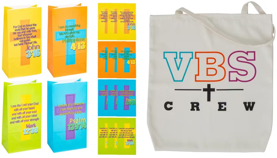 Bible Verse Treat Bags 12-Pack and VBS Crew Cross Nonwoven Tote Bag