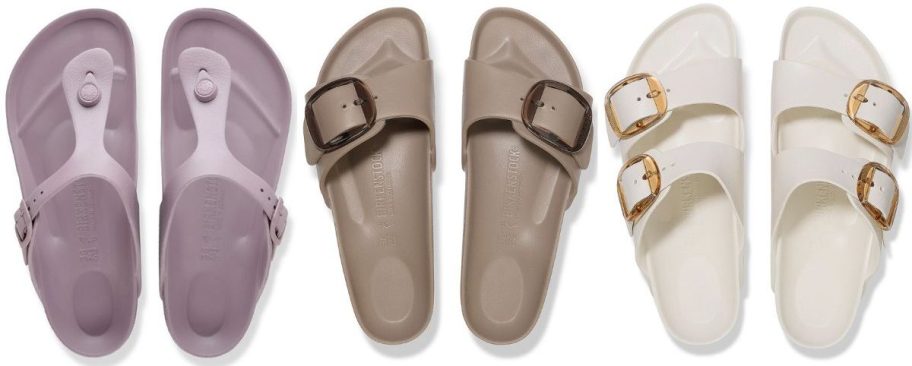 Stock images of 3 styles of birkenstock EVA recovery sandals