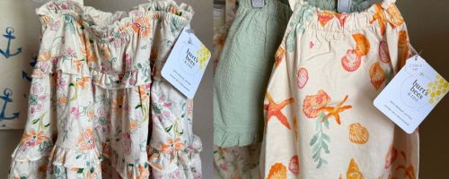 A Burt's Bees Dress and Romper in a closet