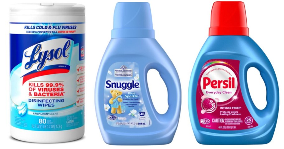 disinfecting wipes, fabric softener and laundry detergent