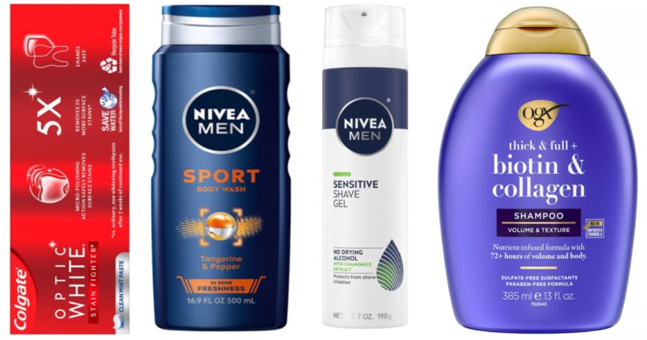 toothpaste, body wash, shave gel and shampoo