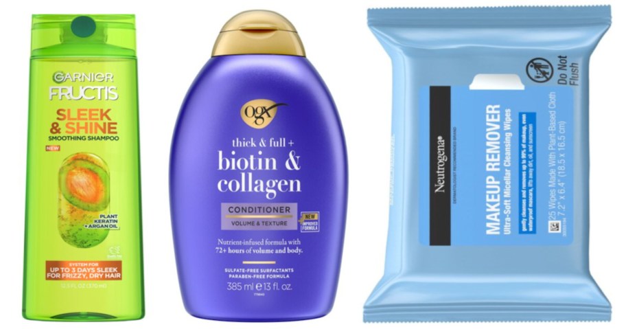 two bottles of shampoo and package of facial wipes