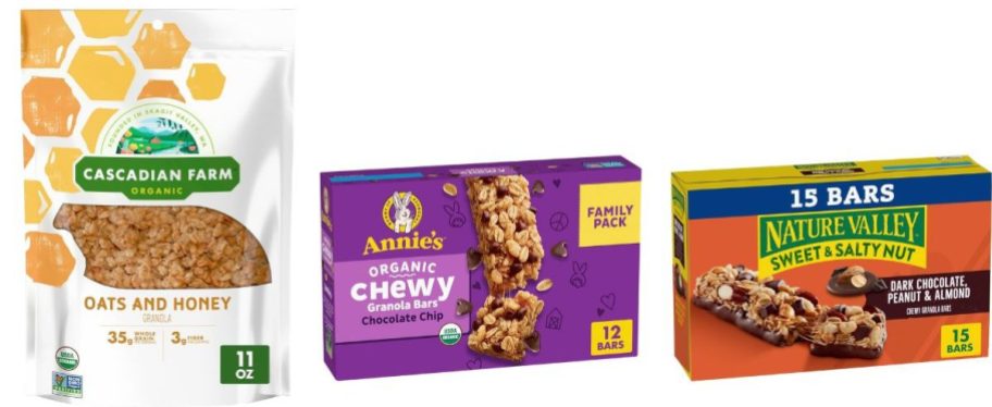 Cascadian Farm Organic Granola Oats & Honey Cereal 11oz, Annie's Organic Chewy Chocolate Chip Granola Bars 12-Count, and Nature Valley Sweet & Salty Nut Dark Chocolate Peanut Almond Granola Bars 1