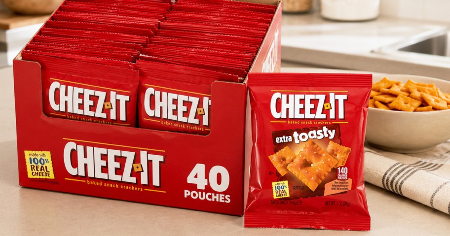 red bag and box of more bags of Cheez-It Extra Toasty crackers on a counter