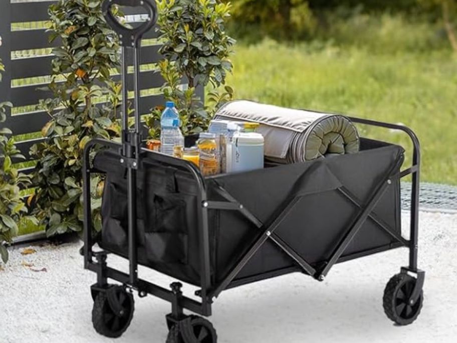 A heavy duty foldable wagon filled with a blanket and supplies for a picnic