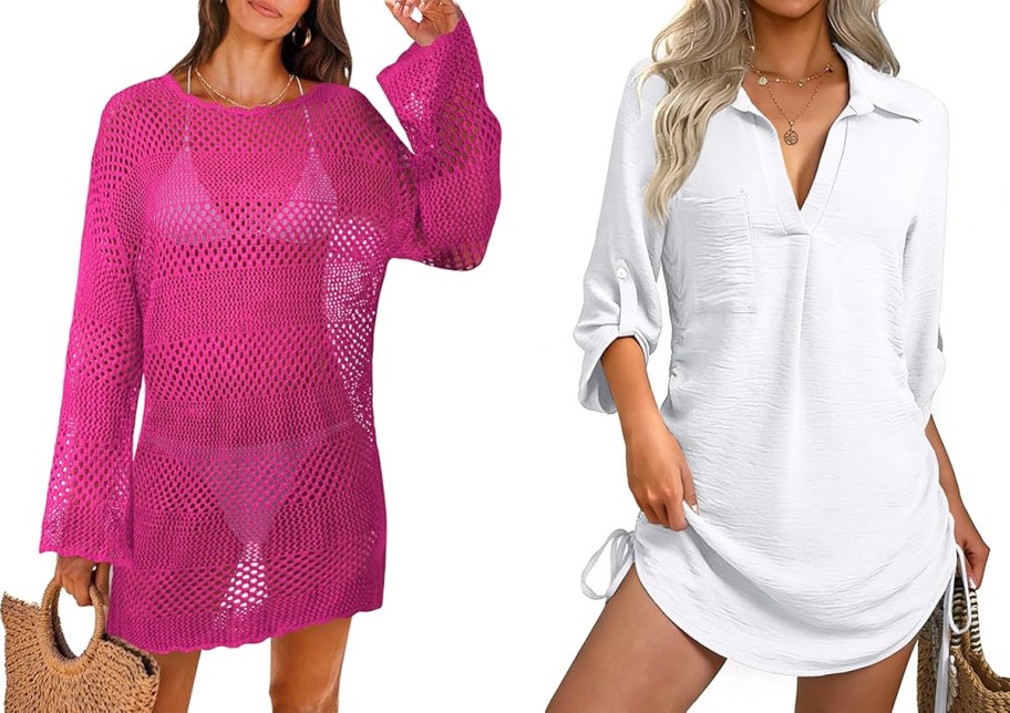 two women in pink and white cover ups