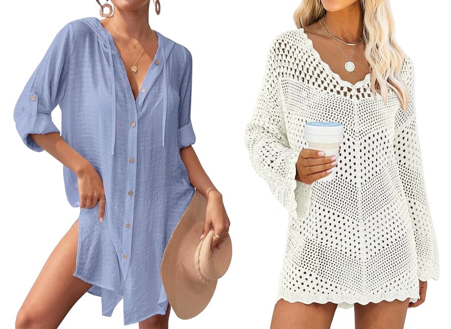two women in blue and white cover ups