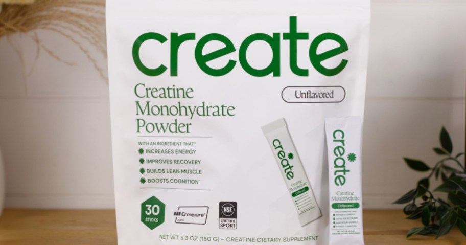 Creatine monohydrate powder package with bold green text, highlighting benefits like increased energy and muscle building. Unflavored, includes 30 sticks.