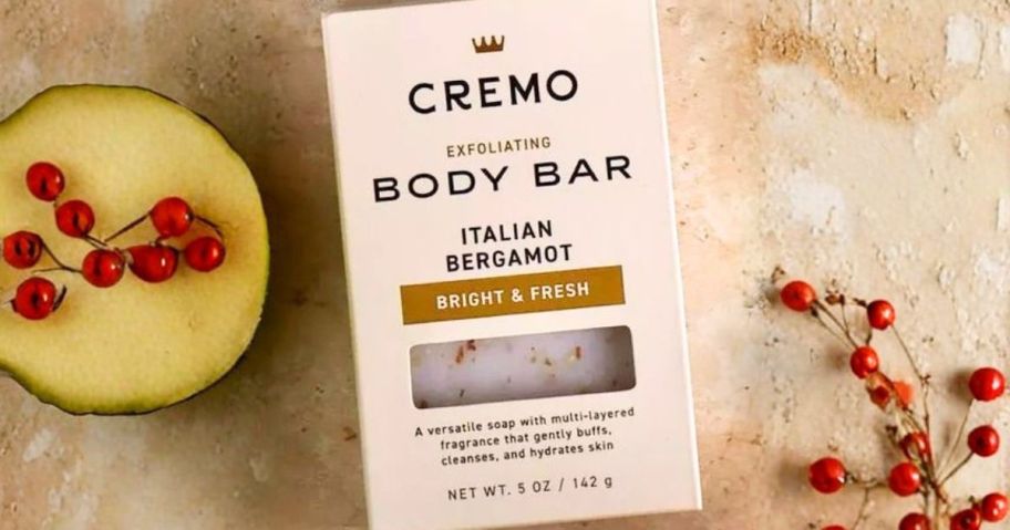 Cremo Exfoliating Body Bar in Italian Bergamot on counter