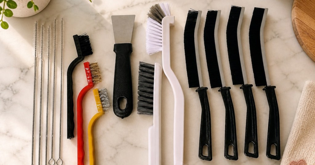 variety of cleaning brushes laid out