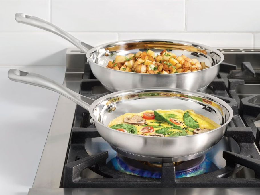 Cuisinart 2-Piece Stainless Steel 8” & 10” Skillet Set on stove