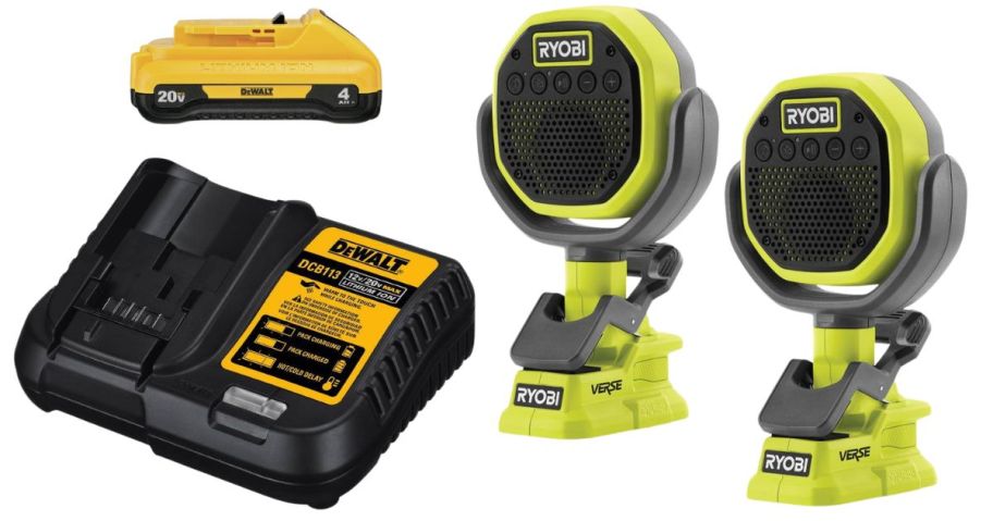 DEWALT 20V MAX Lithium-Ion 4.0Ah Battery w 12V to 20V MAX Charger and RYOBI ONE+ 18V Cordless VERSE Clamp Speaker 2-Pack