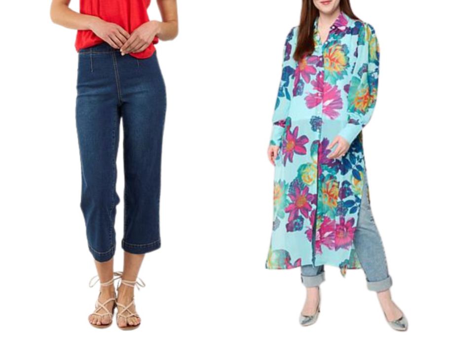 DG2 by Diane Gilman New Classic Stretch Denim Straight Leg Crop Jeans and C Wonder Drama Topper w Side Slits