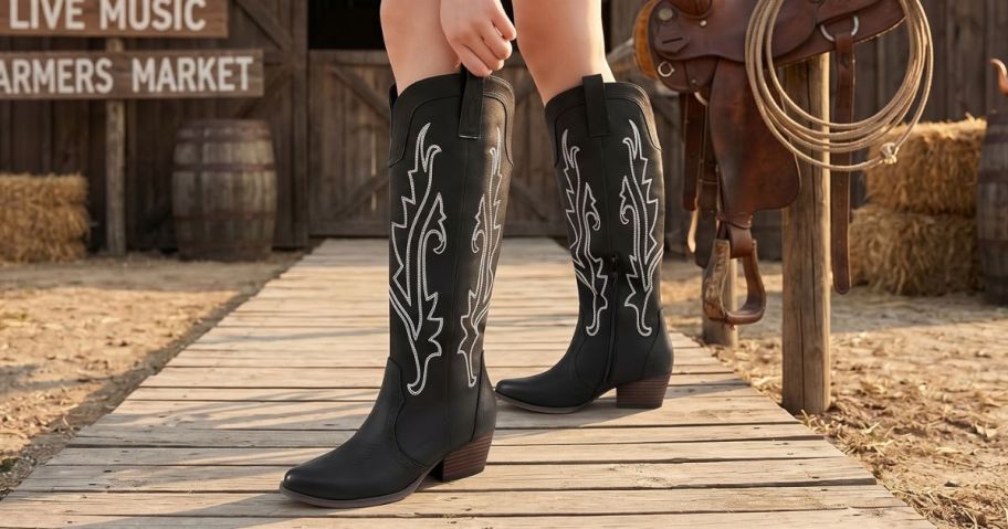 woman wearing DREAM PAIRS Women's Embroidered Western Cowboy Pull-On Knee-High Boots