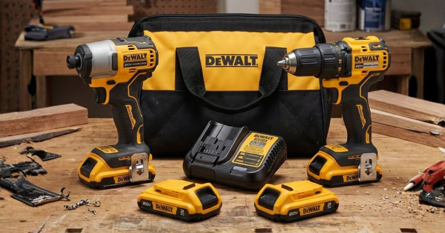 DeWALT 20V MAX 2-Tool Brushless Power Tool Combo Kit w/ Soft Case, 2 Batteries, AND Charger on workbench