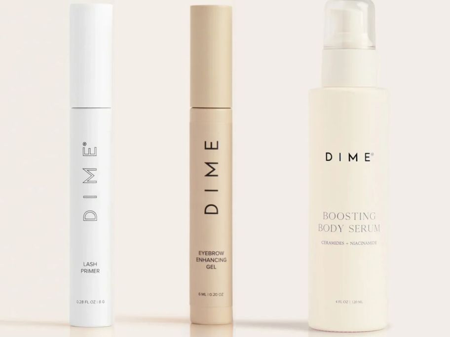 Stock image of DIME Beauty Lash Primer, Brow Enhancing Gel, and Boosting Body Serum