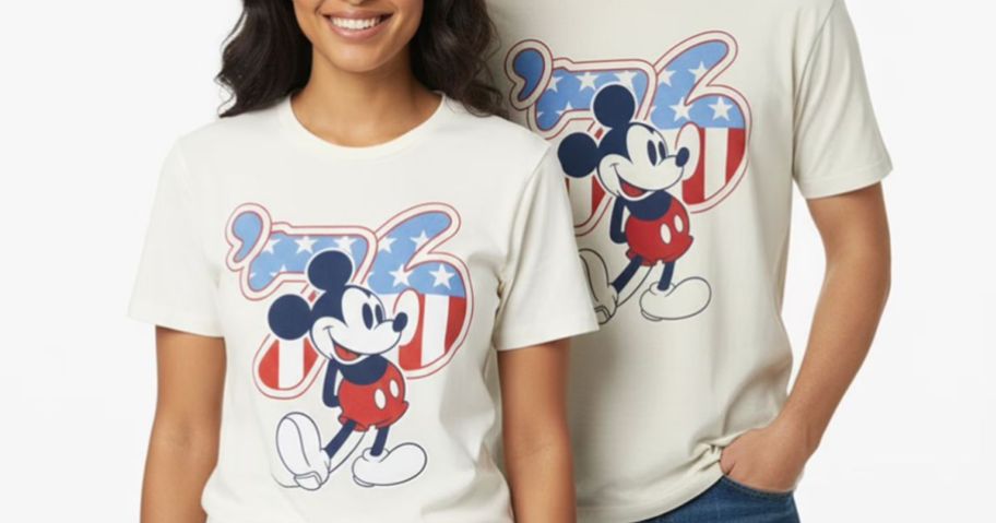 a woman and man wearing a Disney Mickey Americana 76 USA Graphic Tees