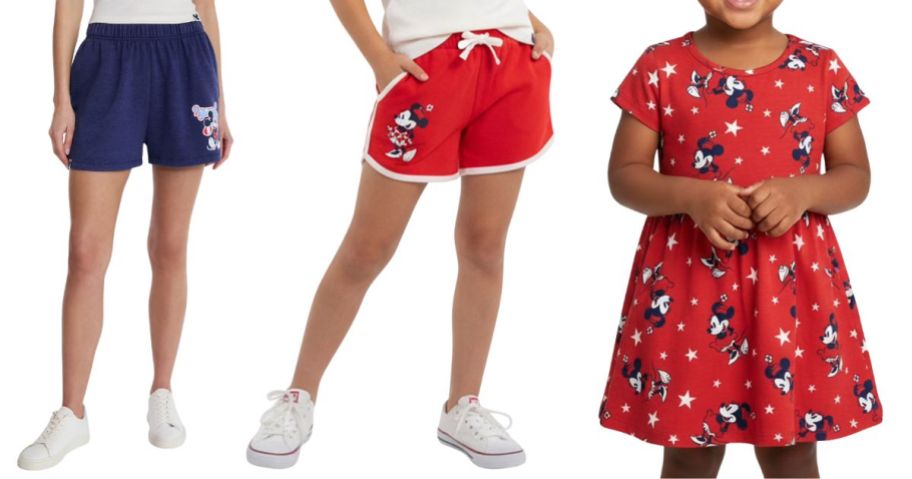 a woman and two girls wearing Disney Mickey Americana shorts and dress