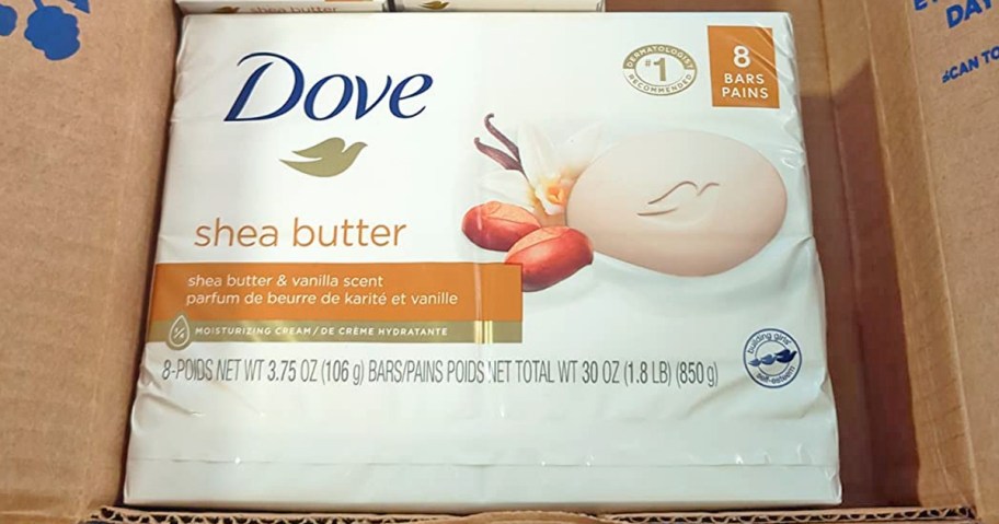 pack of Dove Shea Butter Beauty Bars in a shipping box