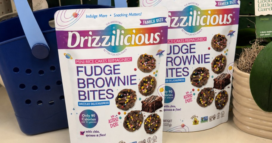 Bag of Drizzilicious Fudge Brownie Bites on shelf