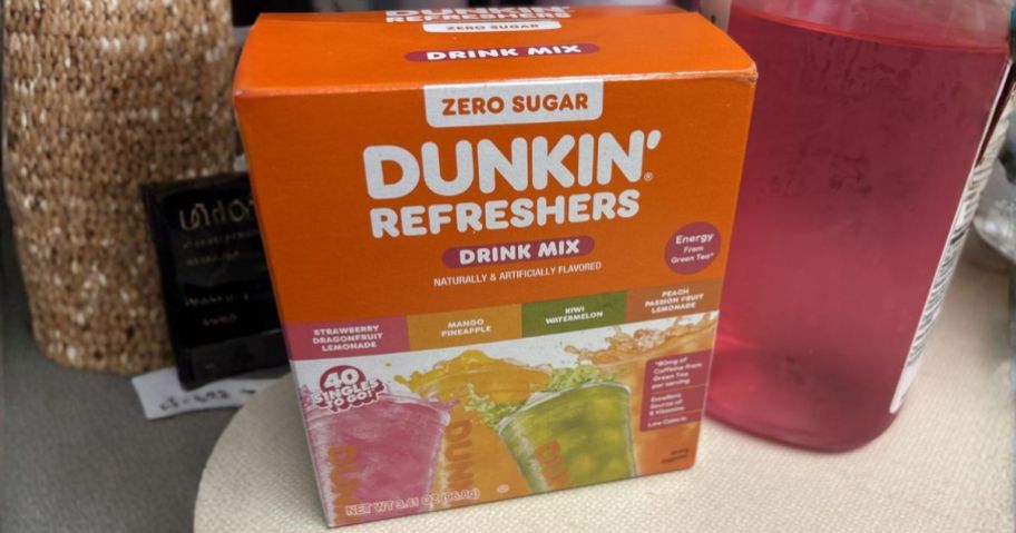 Dunkin' Refreshers 40-Count Variety Pack box on counter