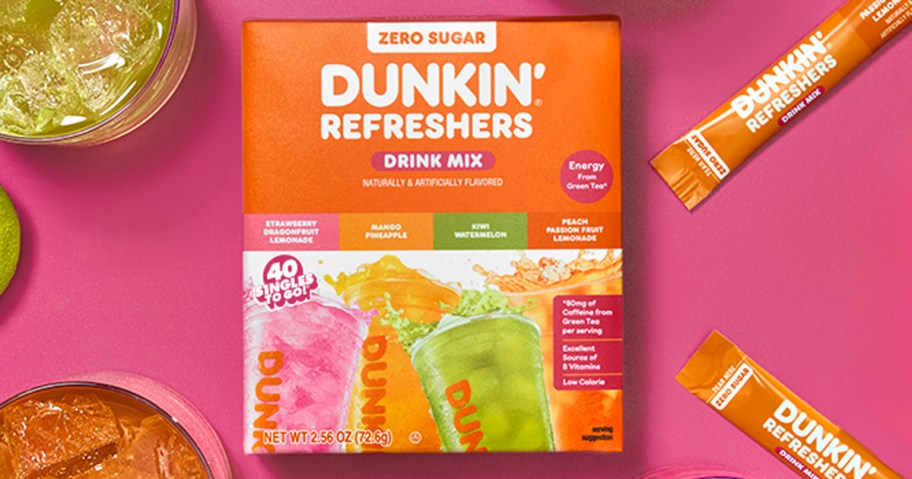 Dunkin Refresher drink mix packet box on pink background