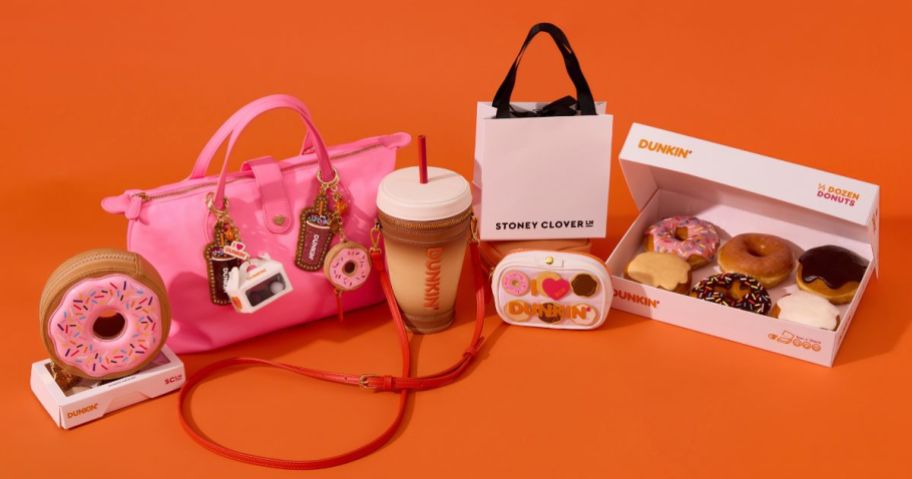 Dunkin' and Stoney Clover Lane collection on orange background