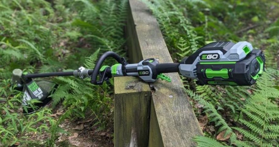 An EGO String Trimmer on a fance