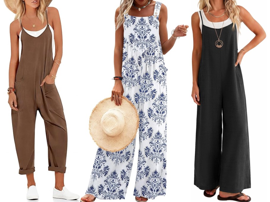 three women in brown, white, and black rompers