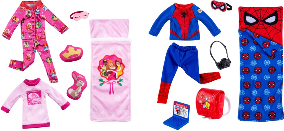 elf on the shelf disney princees and spider-man sleepover accessories