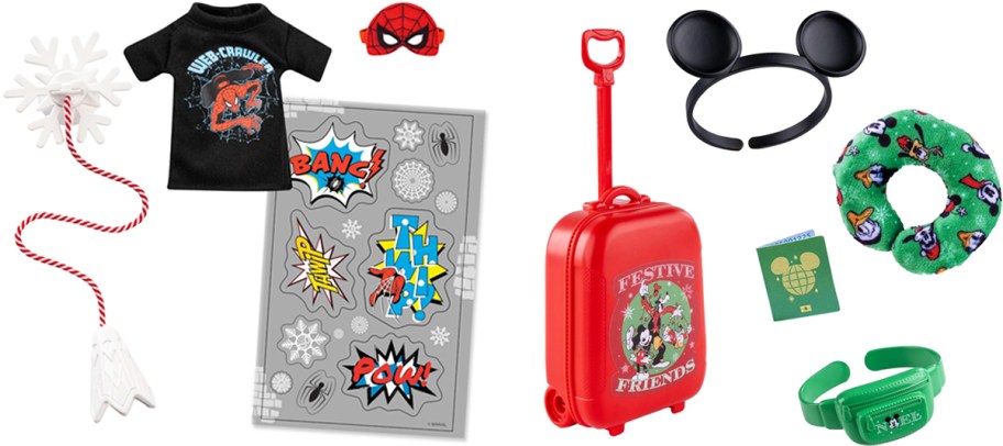 spider-man and disney travel-themed elf on the shelf accessories sets