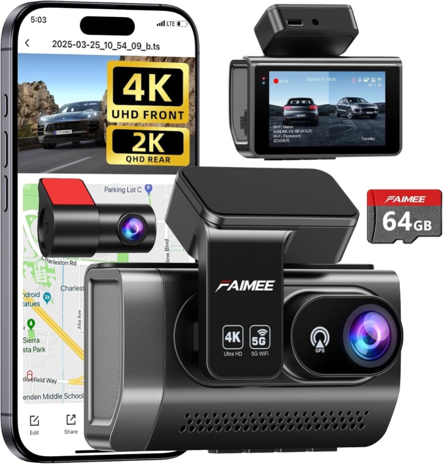 front and rear dash cam next to iphone and memory card on a white background