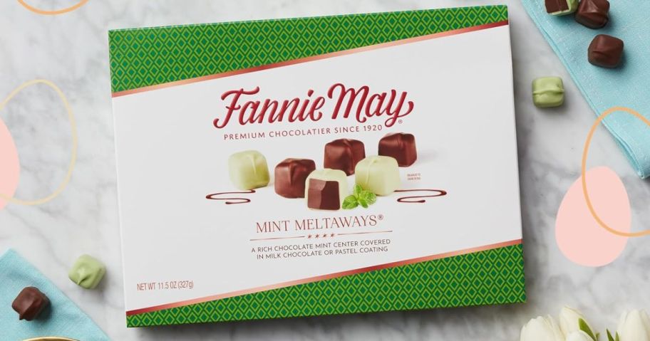 Fannie May Milk Chocolate Candy Mint Meltaways 11.5oz box on table