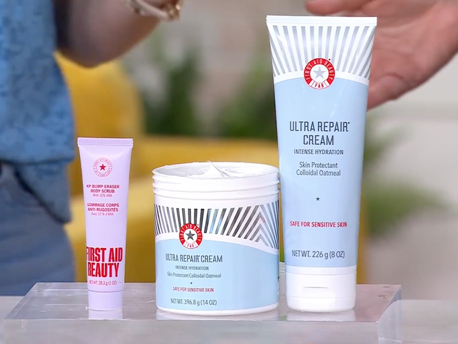 First Aid Beauty Ultra Repair Cream 14oz + 8oz Duo w: Mini KP Bump Eraser Body Scrub