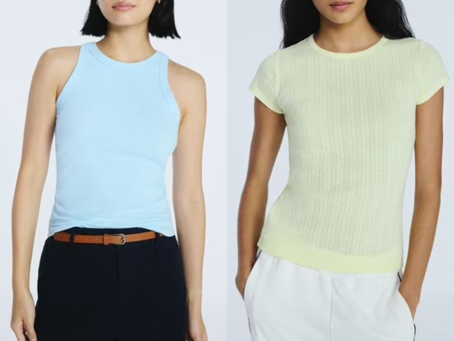 Stock images of 2 women wearing free assembly tops