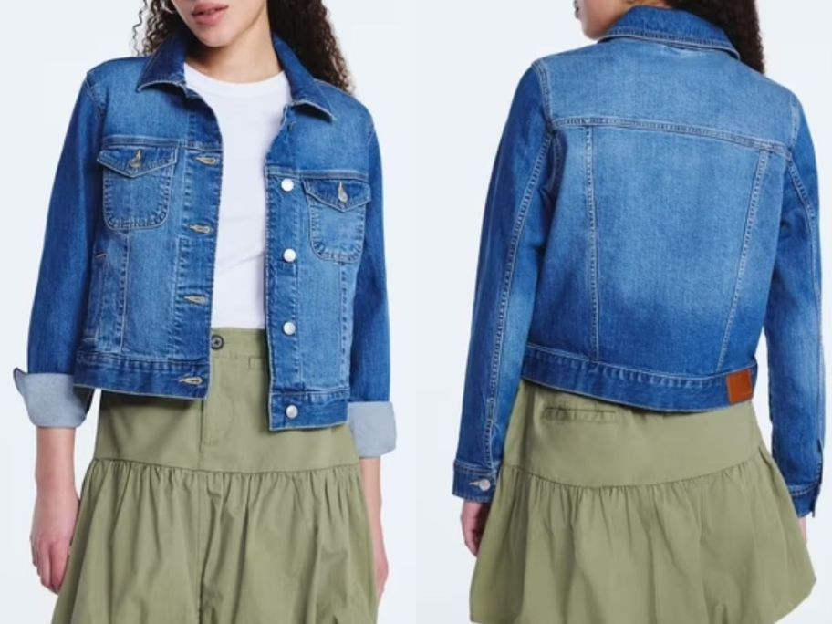 Front and back image of a women wearing a free assembly jean jacket