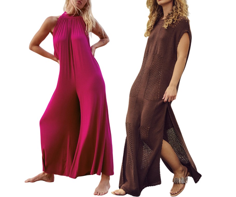 woman in a jumpsuit and a woman in a crochet midi dress