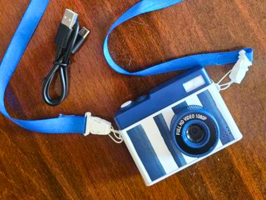 a blue and white striped camera with a blue lanyard and USB cable
