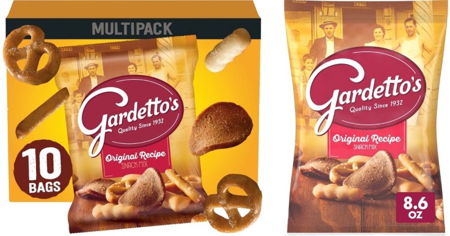 Stock images of a 10-pack and a bag of Gardetto's Snack Mix