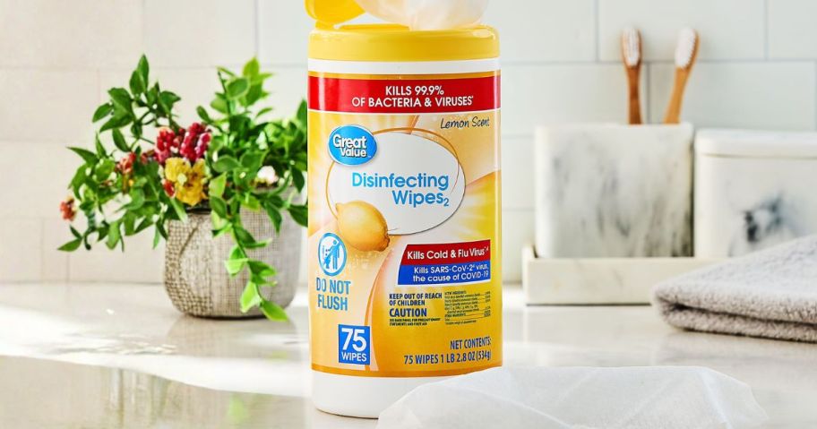 Great Value Disinfecting Wipes 75-Count in Lemon on counter
