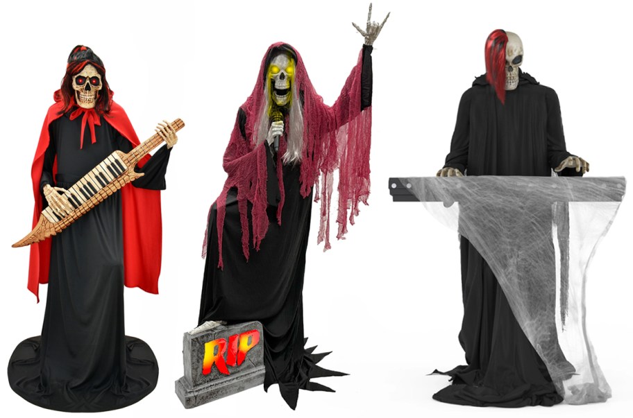 Haunted Living 5.5′ Lighted Bluetooth Reaper Band Keytar Player Animatronic, 7′ Lighted Bluetooth Reaper Band Singer Animatronic, 6′ Lighted Bluetooth Reaper Band Keyboard Player Animatronic