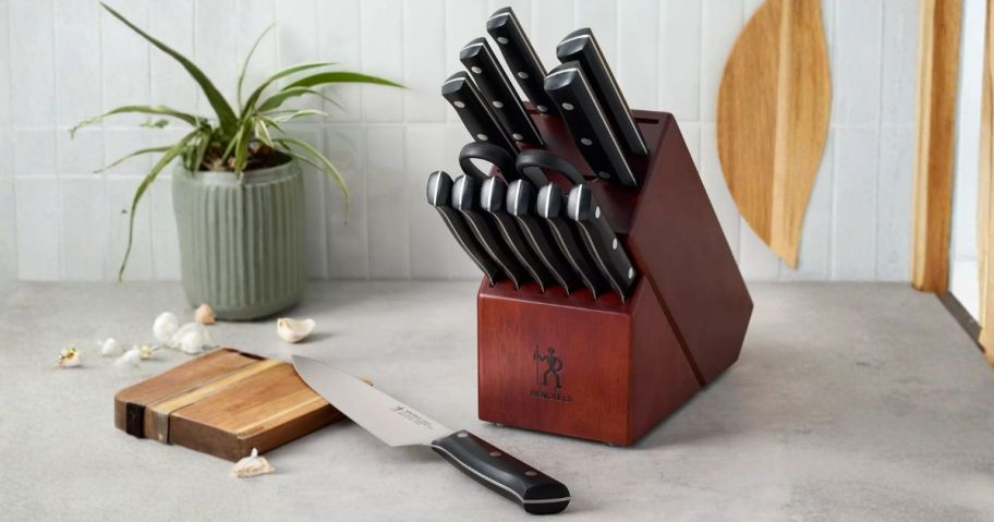 Henckels Dynamic Stainless Steel 14-Piece Knife Block Set on counter