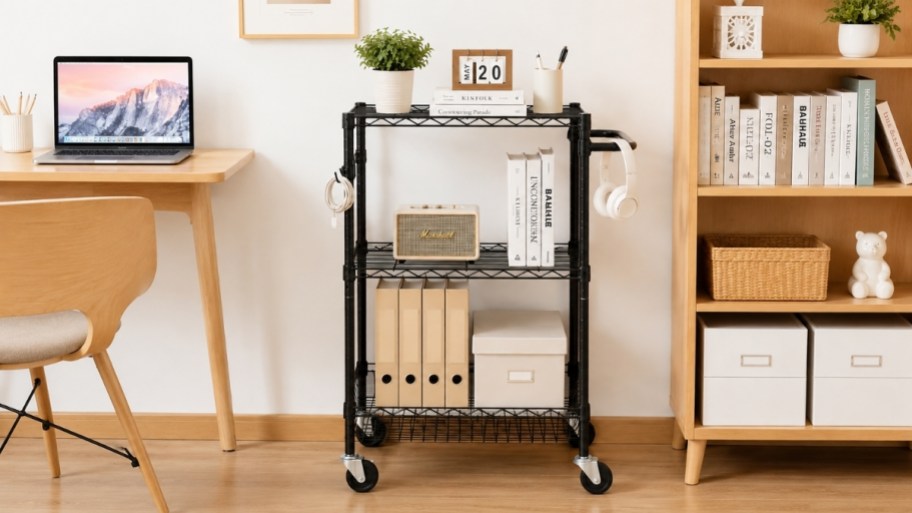 black 3 tier rolling cart next to a desk