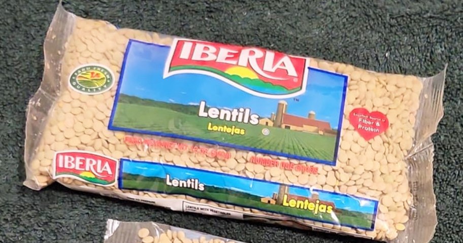 bag of Iberia Dry Lentils on grey carpet