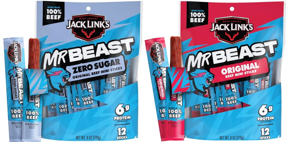 two bags of Jack Link's x MrBeast beef sticks