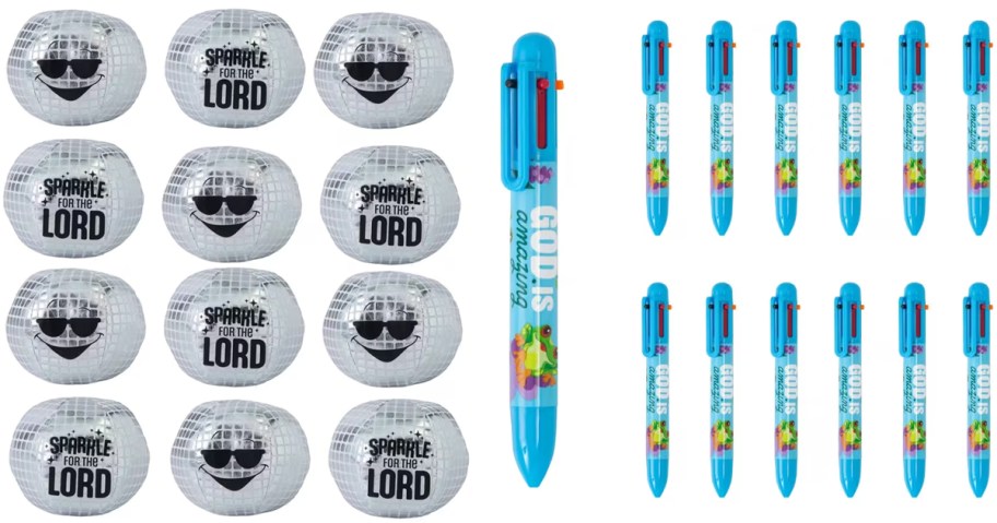 Jesus Is the Light VBS Sparkle for the Lord 5 Stuffed Disco Ball 12-Pack and Rainforest VBS God Is Amazing Shuttle Pens 12-Pack