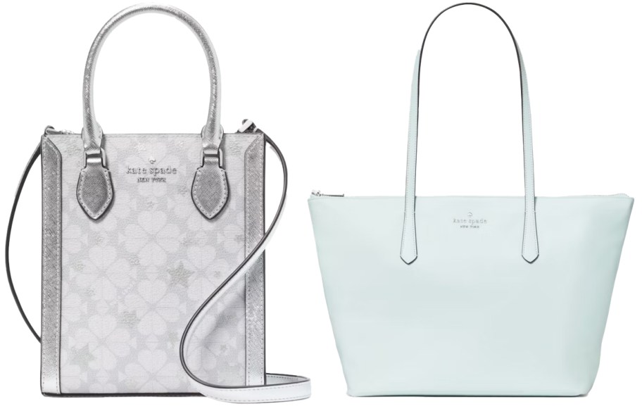 silver and light blue tote bags