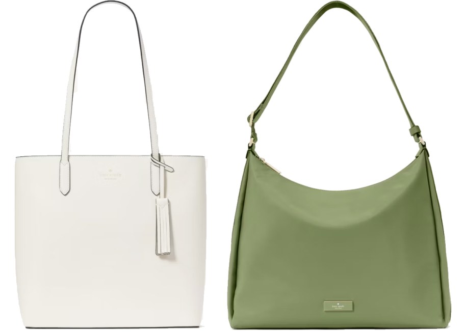 white tote and green shoulder bag