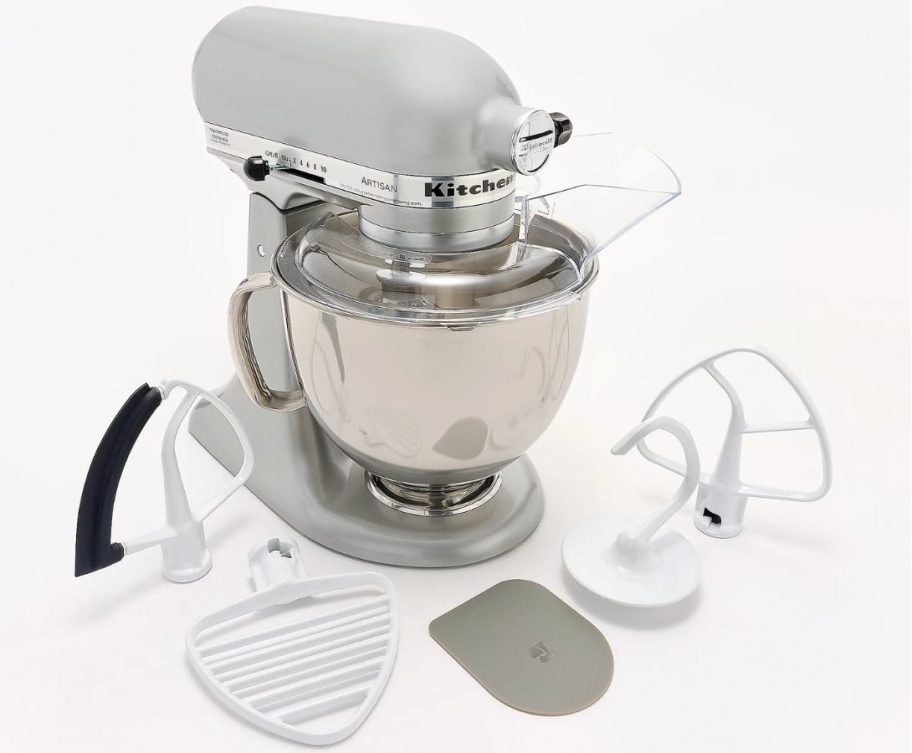 A Kitchenaid Mixer with attachments